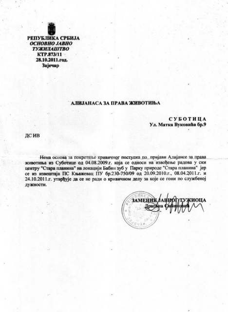 Stara planina, odgovor OJT Zajecar, br. KTR.873-11 od 28.10.2011.god. , nema osnova za pokretanje postupka