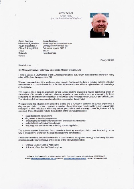 Keith Taylor MEP letter to Serbian government Pg 1