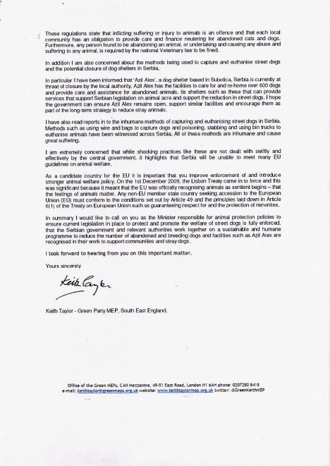 Keith Taylor MEP letter to Serbian government Pg 2